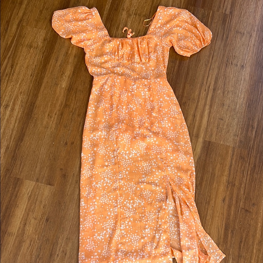 Floral Orange Puff Sleeve Sun Dress